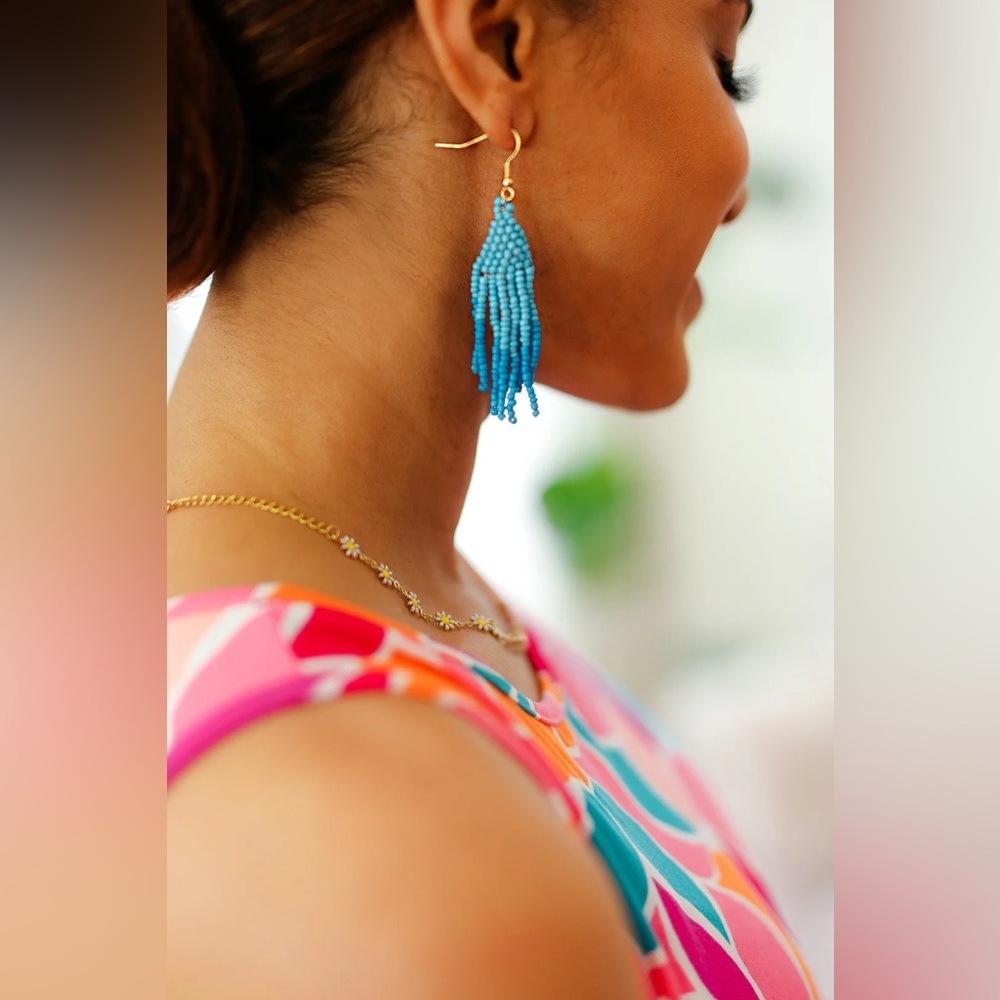 Azure & Blue Beaded Pyramid Drop Earrings